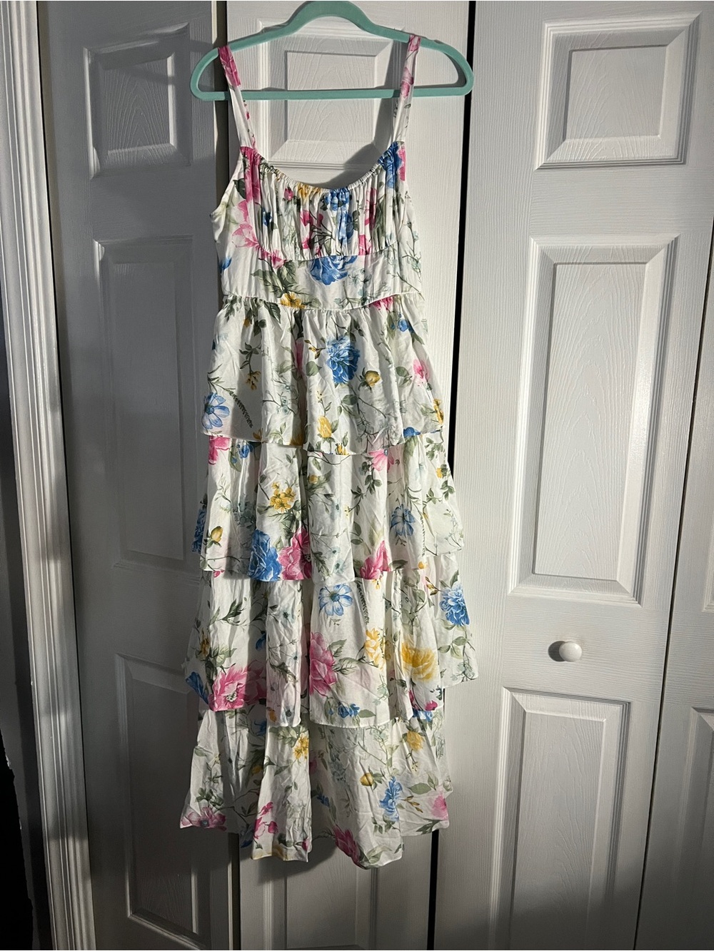 Blu Pepper White Floral Tiered Sundress with Pink, Blue & Yellow Flowers